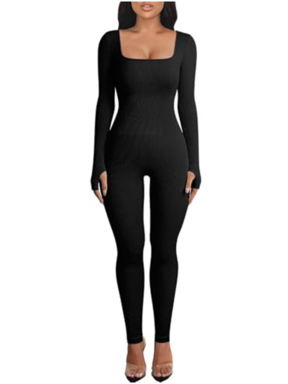 Seamless Ribbed Workout Jumpsuit Long Sleeve Tummy Control One Piece Gym Romper